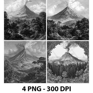 Puede incluir: Cuatro grabados en blanco y negro de paisajes volcánicos. Cada grabado muestra una montaña con humo saliendo de la cima, rodeada de árboles. Los grabados son cuadrados. El texto "4 PNG - 300 DPI" está en la parte inferior.