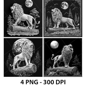 Lion Roar King Jungle Forest 3D Illusion Laser File PNG Slate Engrave Coaster Etch Xtool Wood Burn Black White Glowforge LightBurn Co2 Cnc