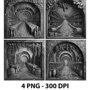 Druiven oude wijnkelder Wijnmakerij 3D-illusie laserbestand PNG leisteen graveren onderzetter etsen Xtool houtverbranding zwart wit Glowforge LightBurn Co2 CNC