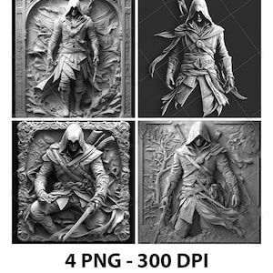 Peut inclure: Quatre impressions d'art numérique d'une figure à capuche dans différentes poses. La figure est représentée dans un style réaliste, avec des détails complexes et un sentiment de profondeur. Les impressions sont toutes en nuances de gris et ont un aspect texturé, presque pierreux.