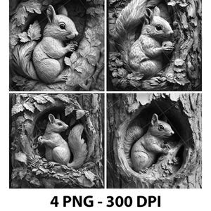 Wildlife Forest Bunny Squirrel 3D Illusion Laser File PNG Slate Engrave Coaster Etch Xtool Wood Burn Black White Glowforge LightBurn Co2 Cnc