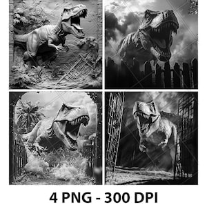 Raptor T Rex Dinosaur Attack 3D Illusion Laser File PNG Slate Engrave Coaster Etch Xtool Wood Burn Black White Glowforge LightBurn Co2 Cnc
