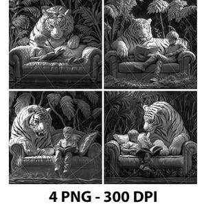 Junge liest Buch Haustier Tiger 3D Illusion Laser Datei PNG Schiefer Gravur Untersetzer Etch Xtool Holz brennen Schwarz Weiß Glowforge LightBurn Co2 Cnc