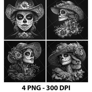Tag der Toten Mexikanische Frau 3D Illusion Laser Datei PNG Schiefer Gravur Untersetzer Etch Xtool Holz brennen Schwarz Weiß Glowforge LightBurn Co2