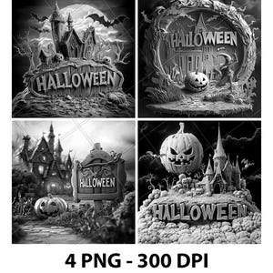 Cute Spooky Halloween Greeting 3D Illusion Laser File PNG Slate Engrave Coaster Etch Xtool Wood Burn Black White Glowforge LightBurn Co2 Cnc