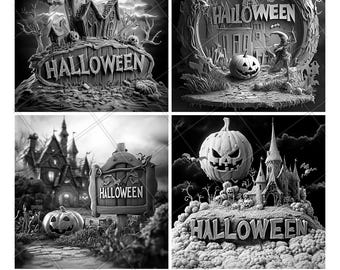 Cute Spooky Halloween Greeting 3D Illusion Laser File PNG Slate Engrave Coaster Etch Xtool Wood Burn Black White Glowforge LightBurn Co2 Cnc