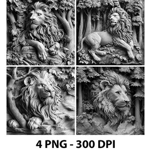 Puede incluir: Cuatro imágenes en blanco y negro de esculturas de leones en un entorno forestal. Los leones se representan en varias poses, con melenas y rasgos faciales detallados. El texto "4 PNG - 300 DPI" está en la parte inferior.