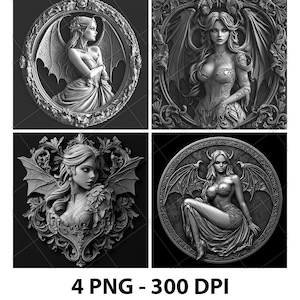 Halloween Mistress Weiblicher Vampir 3D Illusion Laser Datei PNG Schiefer Gravur Untersetzer Etch Xtool Holz brennen Schwarz Weiß Glowforge LightBurn Co2