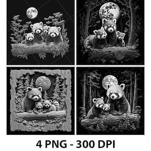 Forêt de pandas roux, ours en bois, illusion 3D, fichier laser PNG, gravure sur ardoise, sous-bock Xtool, gravure sur bois, noir blanc, Glowforge, LightBurn Co2 Cnc