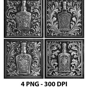 Whisky Vodka Gin Liquore Bottiglia 3D Illusione Laser File PNG Ardesia Incisione Sottobicchiere Incisione Xtool Legno Brucia Nero Bianco Glowforge LightBurn Co2 Cnc