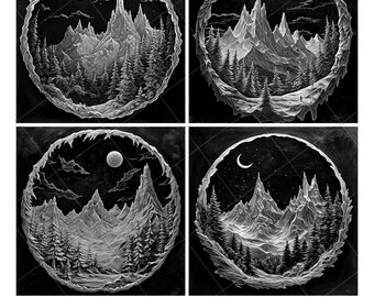 Night Sharp Mountain Fantasy Moon 3D Ilusión Láser Archivo PNG Pizarra Grabado Posavasos Grabado Xtool Madera Blanco Negro Glowforge Luz CO2