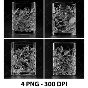 Whisky Gin Vodka Liquore Bicchiere 3D Illusione Laser File PNG Ardesia Incisione Sottobicchiere Incisione Xtool Legno Brucia Nero Bianco Glowforge LightBurn Co2 Cnc