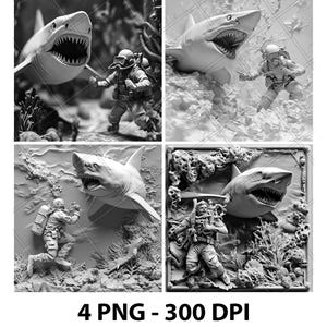 Hunting Shark Laser Engraving Files Hunting Shark Slate Engrave PNG Design Digital Download Tiles Grayscale Model Wood Pattern Print Image