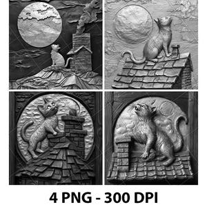 May include: Four black and white images of cat art. Each image features a cat looking up at a full moon. The cats are on rooftops and hillsides. The text "4 PNG - 300 DPI" is at the bottom of the image.