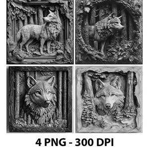 Wildtiere Waldhund Grauer Wolf 3D Illusion Laserdatei PNG Schiefer Gravur Untersetzer Etch Xtool Holz brennen Schwarz Weiß Glowforge LightBurn Co2 Cnc