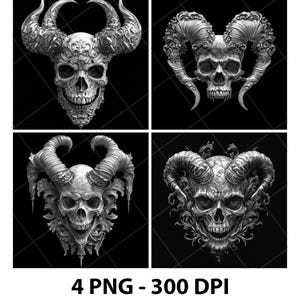 Puede incluir: Cuatro imágenes en escala de grises de calaveras ornamentadas con cuernos grandes y curvos. Cada calavera tiene tallas detalladas y una expresión sonriente. El texto "4 PNG - 300 DPI" está en la parte inferior.