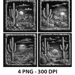 May include: Four monochrome illustrations of desert scenes, each depicting cacti, mountains, and a sunset, enclosed within a textured frame. The text "4 PNG - 300 DPI" is at the bottom of the image.