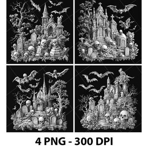 Halloween Eve Graveyard Tombs 3D Illusion Laser File PNG Slate Engrave Coaster Etch Xtool Wood Burn Black White Glowforge LightBurn Co2 Cnc
