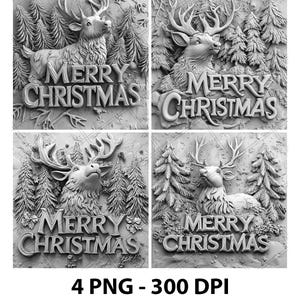 Neve Buon Natale Renna 3D Illusione Laser File PNG Ardesia Incisione Sottobicchiere Incisione Xtool Legno Brucia Nero Bianco Glowforge LightBurn Co2 Cnc