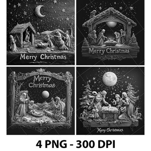 May include: Four black and white Christmas-themed PNG images. Each image depicts a nativity scene with the text "Merry Christmas". The images feature stars, a moon, and various figures.
