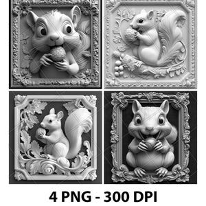 Cute Squirrel Eating Nut Acorn 3D Illusion Laser File PNG Slate Engrave Coaster Etch Xtool Wood Burn Black White Glowforge LightBurn Co2 Cnc
