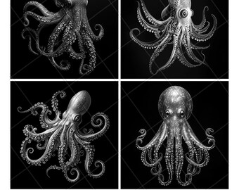 Deep Sea Squid Laser Engraving Files Deep Sea Squid Slate Engrave PNG Design Digital Download Tiles Grayscale Model Wood Pattern Print Image