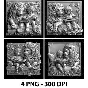 Ragazzo Bambino Lettura Libro Animale Domestico Leone 3D Illusione Laser File PNG Ardesia Incisione Sottobicchiere Incisione Xtool Legno Brucia Nero Bianco Glowforge LightBurn Co2 Cnc