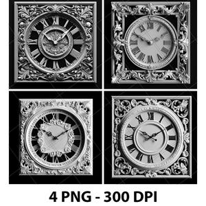 Könnte beinhalten: Vier Graustufenbilder von verzierten Uhren mit römischen Ziffern. Jedes Zifferblatt ist von einem detaillierten, floral inspirierten Rahmen umgeben. Der Text "4 PNG - 300 DPI" befindet sich unten.