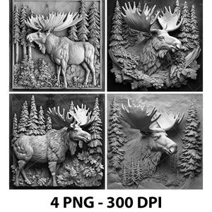 Moose Forest Jungle Deer Elk 3D Illusion Laser File PNG Slate Engrave Coaster Etch Xtool Wood Burn Black White Glowforge LightBurn Co2 Cnc