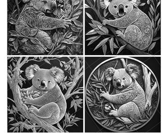 Koala Sitting Eat Eucalyptus Leaves Tree Laser Engraving Slate Design PNG File 3D 2026 New Engrave Pattern Digital Download Gift Coaster