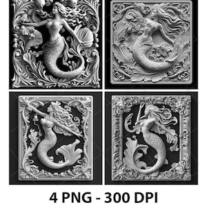 May include: Four black and white digital illustrations of mermaids in ornate frames. Each mermaid is depicted with flowing hair and a tail, surrounded by intricate floral designs.