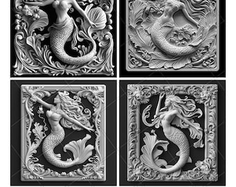 Sea Fairy Ocean Goddess Mermaid 3D Illusion Laser File PNG Slate Engrave Coaster Etch Xtool Wood Burn Black White Glowforge LightBurn Co2
