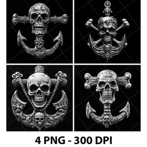 May include: Four black and white skull and anchor designs. Each design features a skull with crossbones and an anchor. The designs are in a square format with the text "4 PNG - 300 DPI" at the bottom.