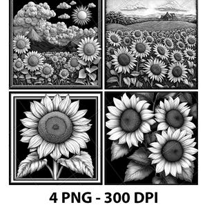 Flowers Farm Floral Sunflowers 3D Illusion Laser File PNG Slate Engrave Coaster Etch Xtool Wood Burn Black White Glowforge LightBurn Co2 Cnc
