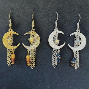 Crescent Moon Earrings with Star Charms & Dangling Beads, Gold or Silver, Boho Celestial Jewelry, Festival Accesories, Handmade Gift Idea