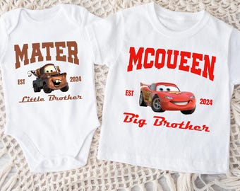 Camisetas de McQueen y Mater para hermanos, camisetas a juego para niños de Disneyland, anuncio de nacimiento, regalo para baby shower, camiseta de hermano mayor, camiseta de hermano menor