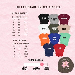 May include: A product image showcasing Gildan brand unisex and youth t-shirts in various colors, including black, white, and navy. Size charts for both unisex and youth sizes are displayed, along with the text "100% Cotton."