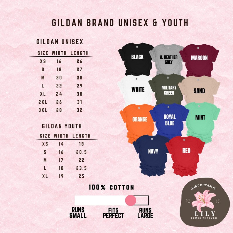 May include: A Gildan brand unisex and youth t-shirt color chart displaying twelve shirt colors including black, heather grey, maroon, white, military green, sand, orange, royal blue, mint, navy, and red, with size charts in inches and a fit scale.