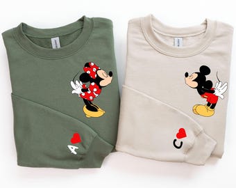 Custom Disney Mickey Minnie Couple Sweatshirt, Personalized Name On Sleeve Hoodie, Wedding Anniversary Gift For Him Her,Valentine's Day Gift
