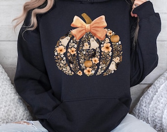 Vintage floral pumpkin ghost Sweatshirt, fall Floral pumpkin bow, Autumn Girly Tee, Halloween Cozy Fall Pumpkin Coquette Retro Fall Hoodie