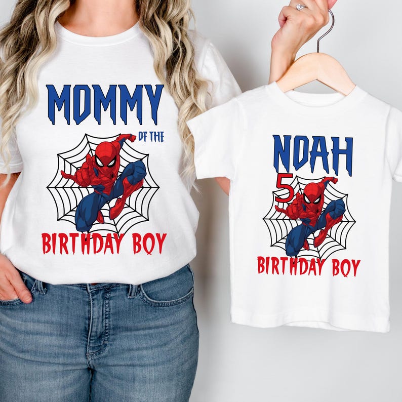 May include: White t-shirts with a Spiderman graphic and text that reads "Mommy of the Birthday Boy" and "Noah Birthday Boy".