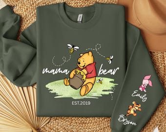 Custom Mama Bear Sweatshirt, Winnie The Pooh Bear Sweatshirt, Mama Est with Kid Name on Sleeve Sweatshirt, Personalized Mothers Day Sweater