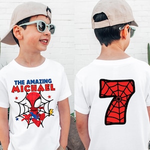 Camiseta de cumpleaños de Spiderman de 2 caras para niño, camiseta de cumpleaños de El Sorprendente Hombre Araña, camiseta de cumpleaños personalizada, viaje de cumpleaños de Disney, camiseta de cumpleaños para niño pequeño imagen 1