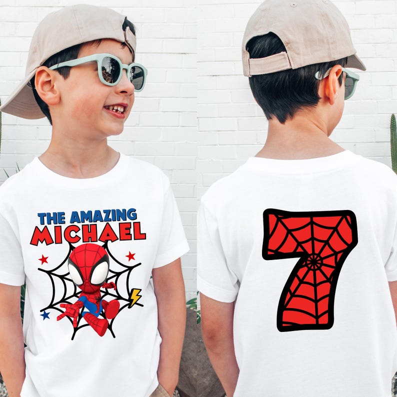Camiseta de cumpleaños de Spiderman de 2 caras para niño, camiseta de cumpleaños de El Sorprendente Hombre Araña, camiseta de cumpleaños personalizada, viaje de cumpleaños de Disney, camiseta de cumpleaños para niño pequeño imagen 1