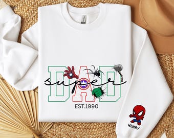 Custom Super Dad Est with Kid Name on Sleeve Sweatshirt,Avengers Superhero Hoodie, Personalized Super Hero Dad Sweatshirt, Fathers Day Sweat