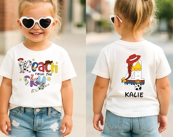 Camiseta de Toy Story para niña de 4 años, camiseta de Reach For The Sky para niño, camiseta de fiesta de Woody, Jessie y Buzz Lightyear, conjunto infantil personalizado según la edad.