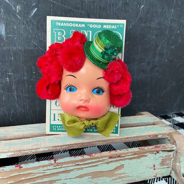 Vintage Style, St. Patrick's Day Leprechaun Bingo Doll Face - Shamrock Hat, RED Hair, 15