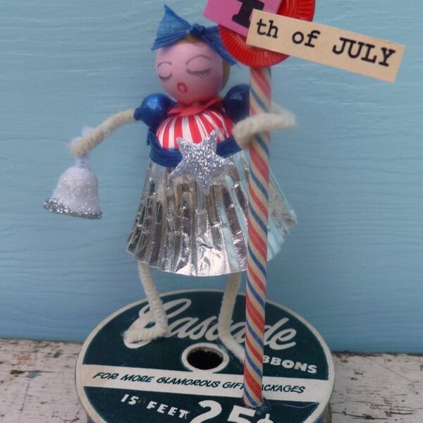 Vintage Style Spun Head, Fourth of July, Tiny Gal with Bell and Star