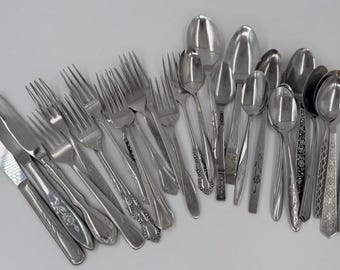 Vintage MCM Stainless Steel Flatware Set for 4, 22 Pieces + Serving Utensils