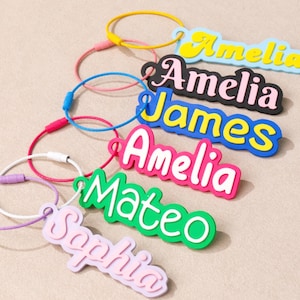 May include: A collection of six personalized name keychains featuring colorful, layered acrylic nameplates attached to thin, circular metal wire loops. The names Amelia, James, Mateo, and Sophia are displayed in various bright colors and fonts.